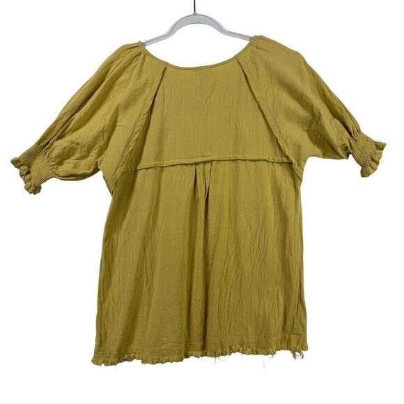 ShopTheMint Women M Yellow Boho Smocked Short Sleeve Linen Blouse Fall Layering - Picture 2 of 9